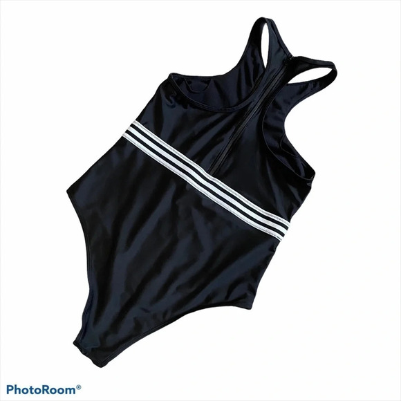 Shein Black Stripe Mesh-Panel One-Piece Swimsuit L - Picture 5 of 11